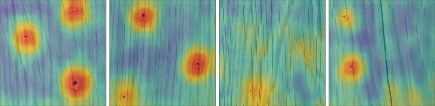 Heatmaps von einigen Testdaten, welche Holzflächen mit Löchern zeigen